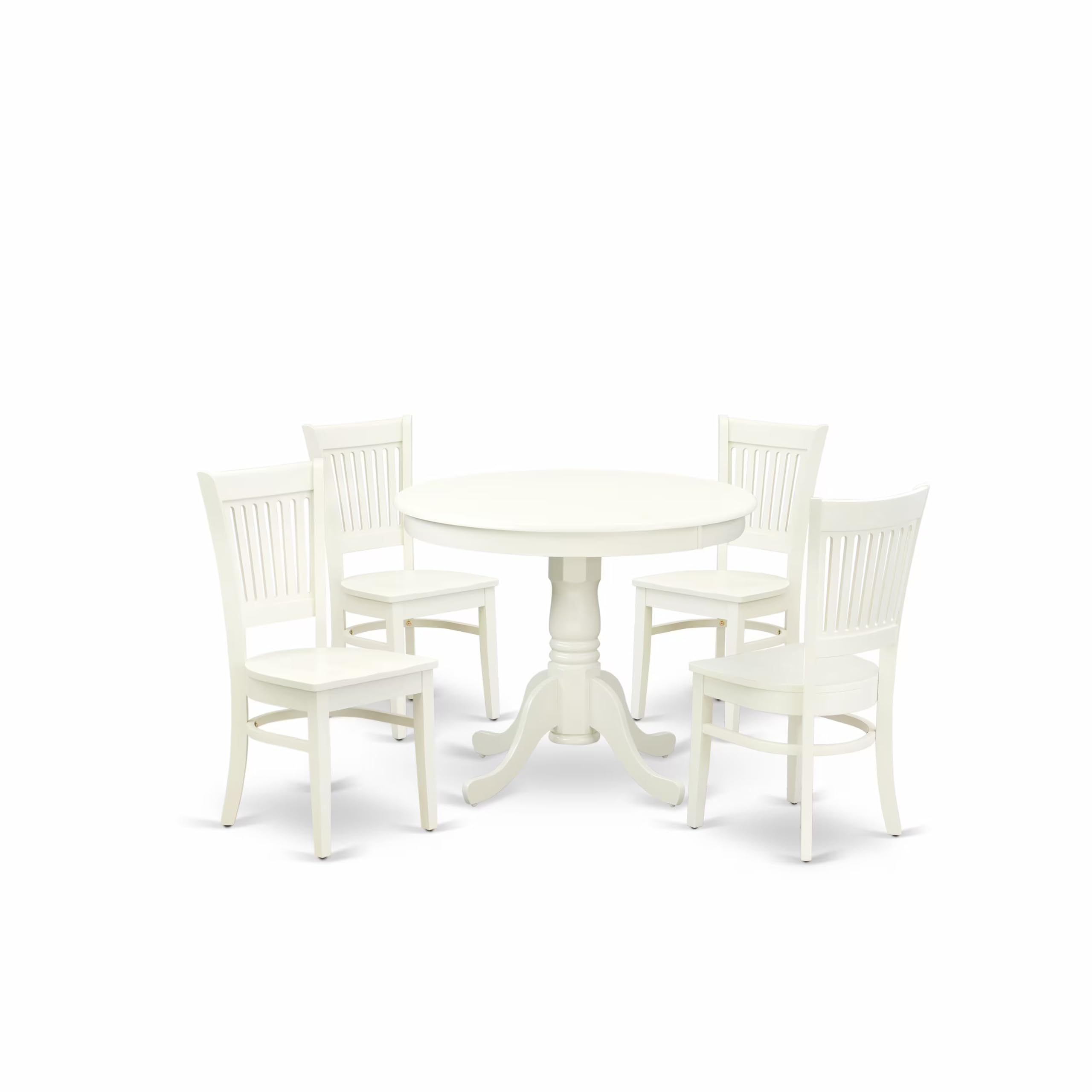 East West Furniture Anva5-Lwh-W 5 Piece Kitchen Table Set For 4 Includes A Round Dining Room Table With Pedestal And 4 Solid Wood Seat Chairs, 36X36 Inch, Linen White